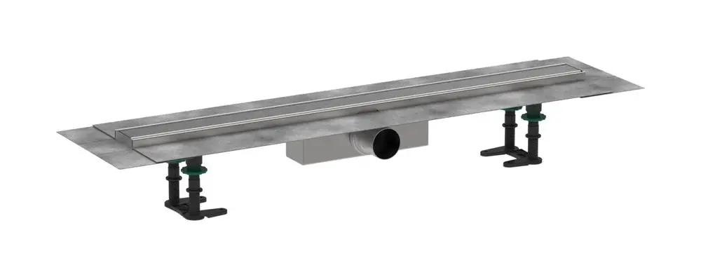 Duschrinne aus gebürstetem Edelstahl mit seitlichen Halterungen zur Installation. Hansgrohe-Produkt für die effektive Ableitung von Wasser in Duschen.